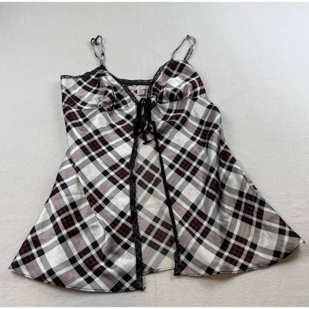 Victoria's Secret Tartan Plaid Babydoll Lingerie Size M Ribbon Front Close Y2K